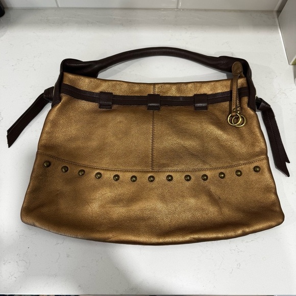 Soprano Handbags - Vintage Soprano Gold Leather Hobo Bag Studded Brown Handles